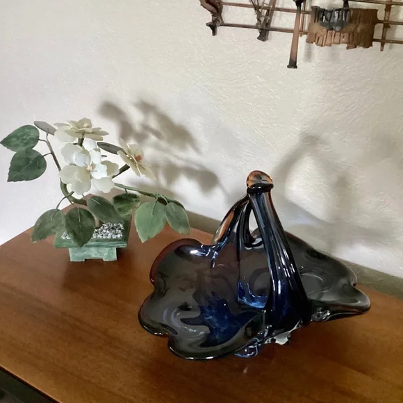 Royal Gallery Art Glass Basket Blue And Mulberry Purple Czech Republic Poland - Picture 2 of 15